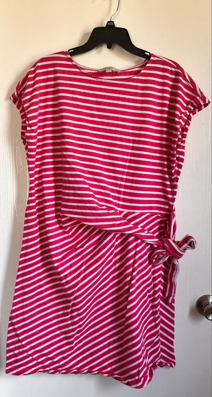 LOFT Pink White Striped Faux Wrap Tie Waist T-Shirt Mini Dress Size XXL